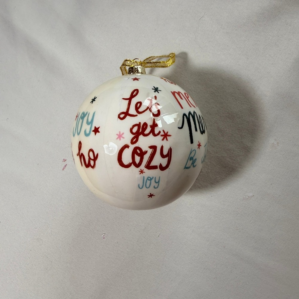 White Ceramic Christmas Ornament Lets Get Cozy Merry Christmas Be Jolly 3 Inch